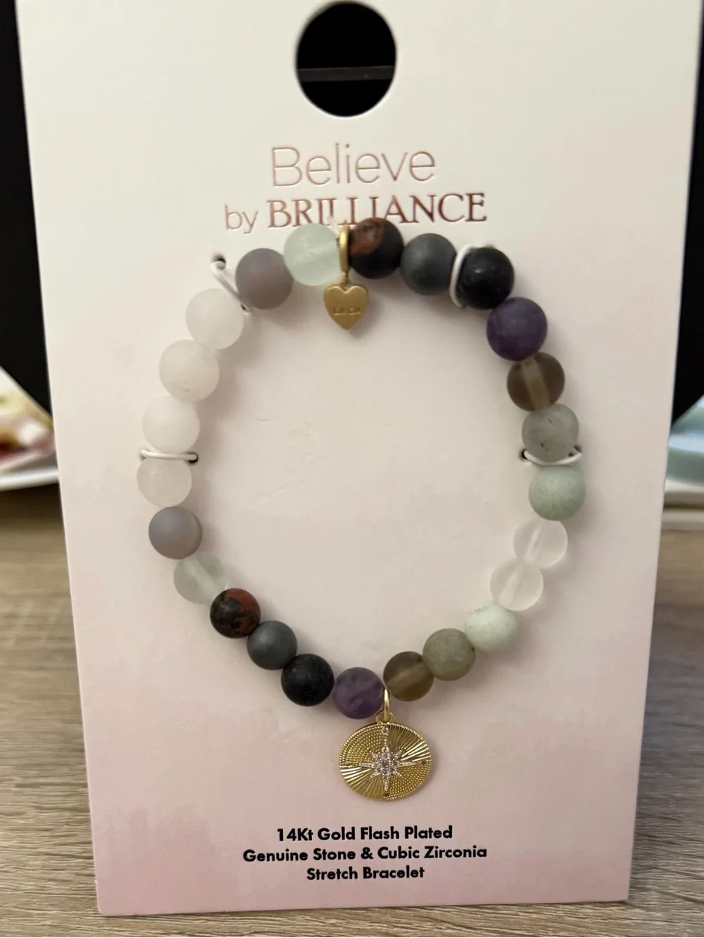 Believe by Brilliance Genuine Stone Stretch Bracelet CZ Charm NWT - Picture 2 of 2
